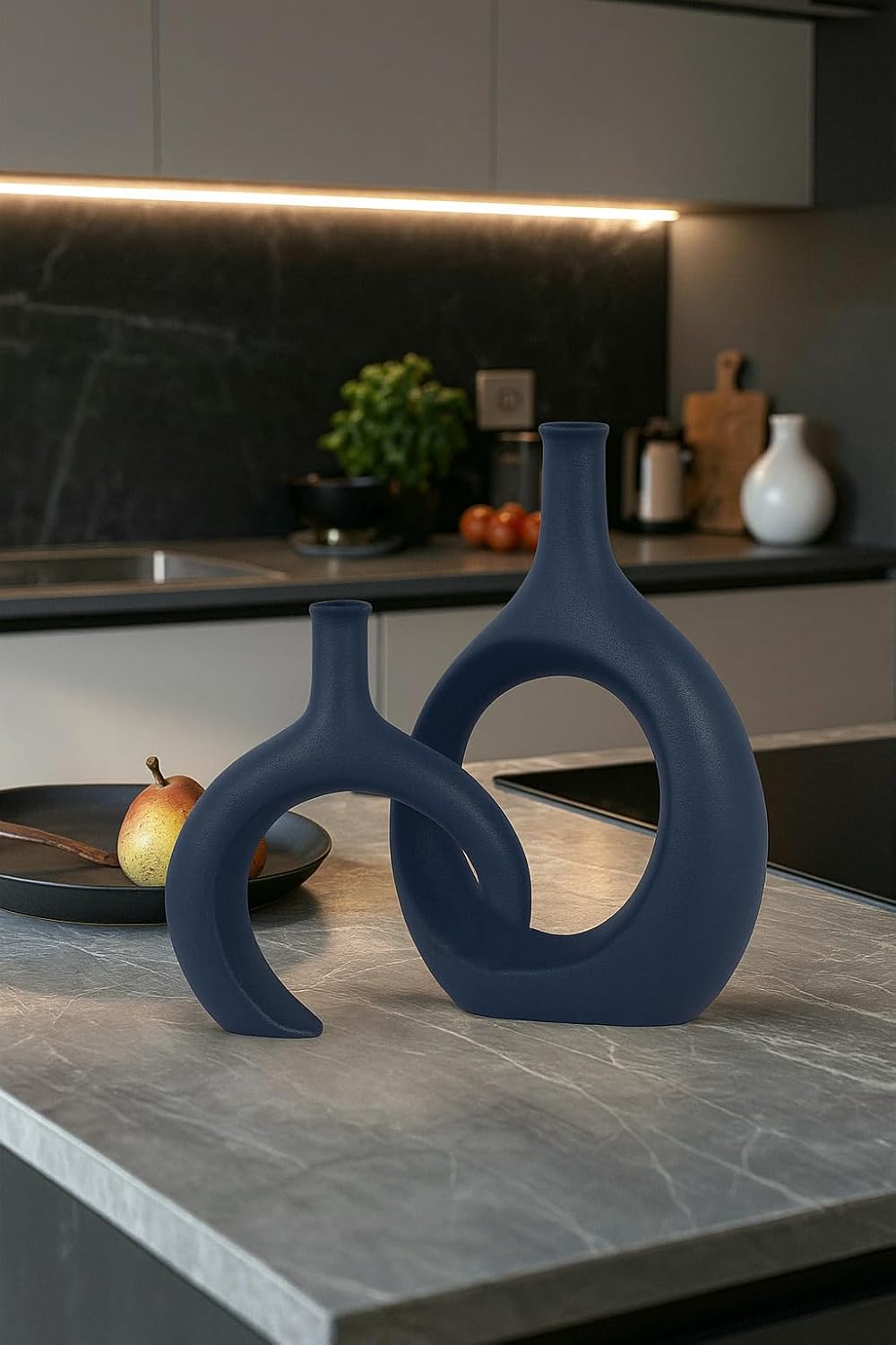 Blue Ceramic Vase Set of 2 - Modern Navy Blue Vase for Dining Table Centerpieces, Farmhouse and