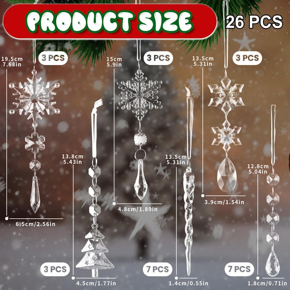 Lanpn 26PCS Christmas Ornaments Crystal Christmas Tree Decoration, Hanging Clear Acrylic Snowflake
