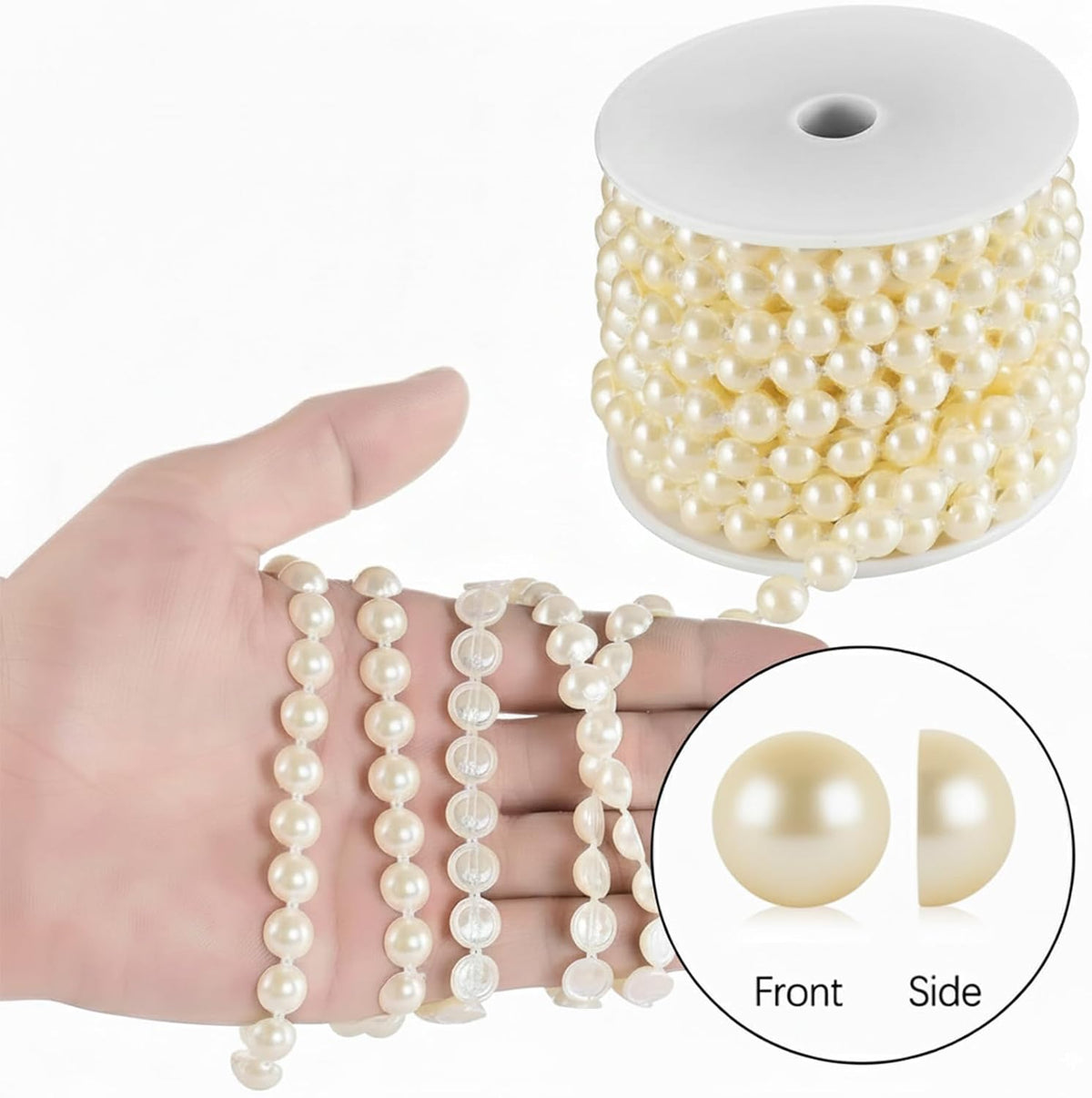 Half-Round Pearl Bead Garland String 11 Yards, 10MM Flat Pearl Beaded Spool Roll Crafts for Wedding