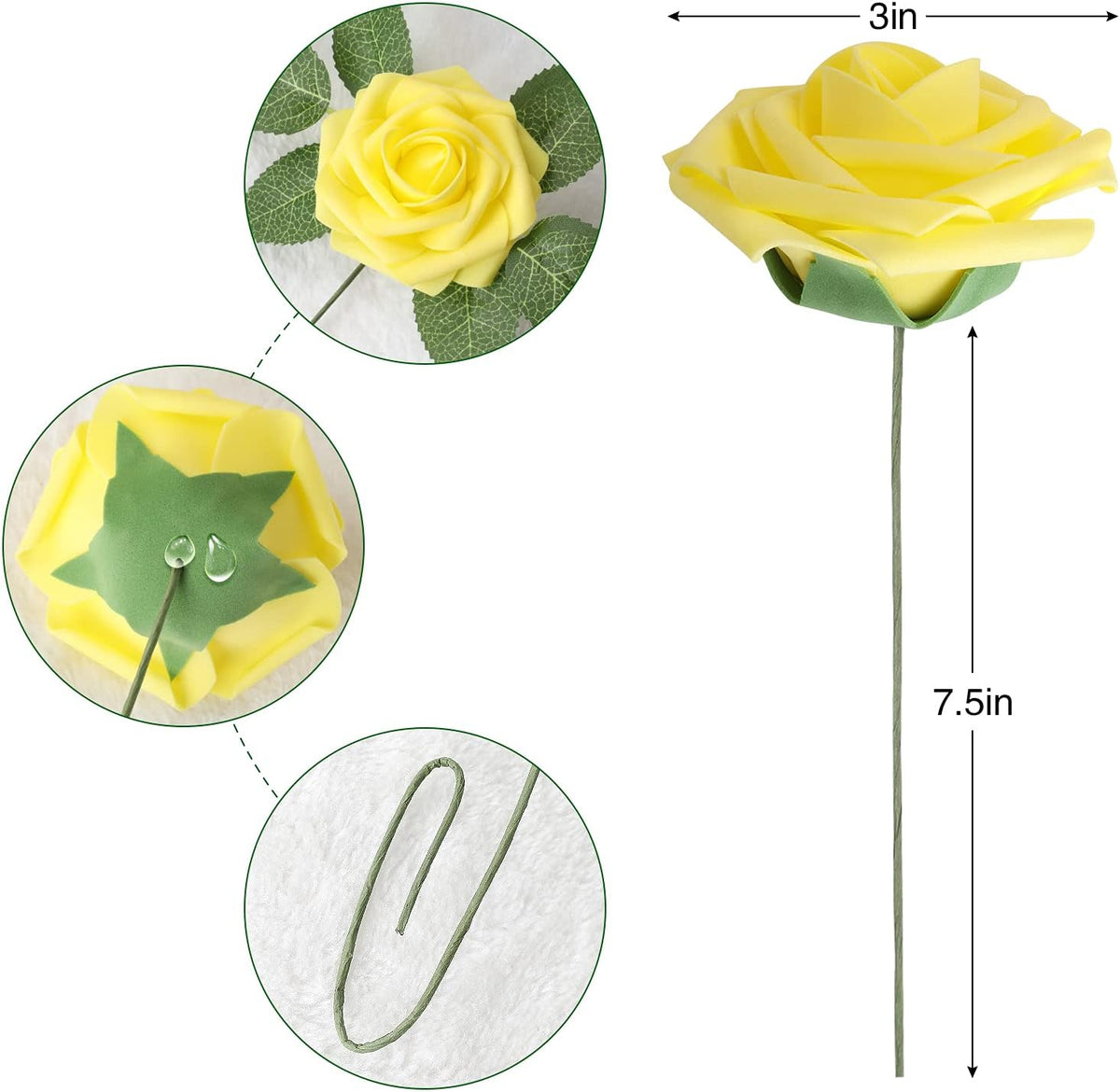 AmyHomie Artificial Flower Yellow Rose 25pcs Real Looking Fake Roses w/Stem for DIY Wedding