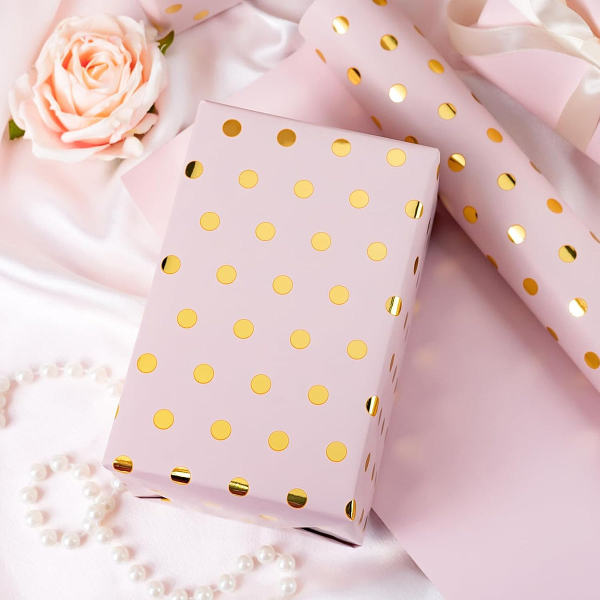Flyhill Pink Wrapping Paper Roll,Reversible Mini Roll Gold Foil Polka Dot Gift Wrap for