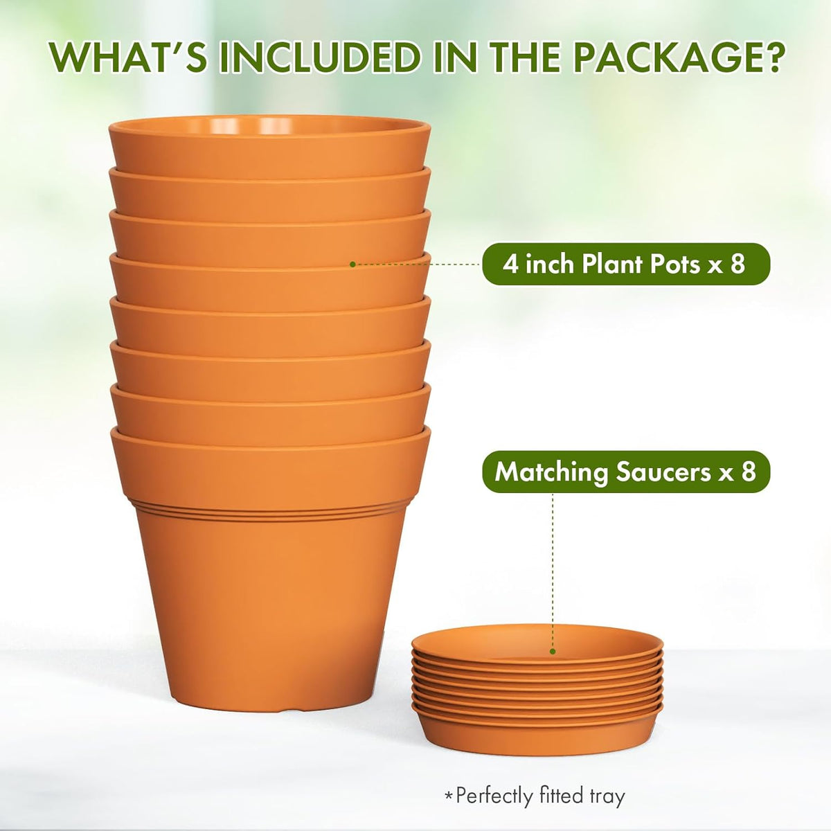 4 Inch Plastic Plant Pots with Drainage Holes and Trays – 8 Pack Small Nursery Pots for Indoor &