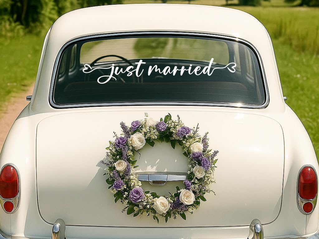 Just Married Car Decal – Wedding Bumper Sticker for Newlyweds, Unique Wedding Car Decoration (28 x