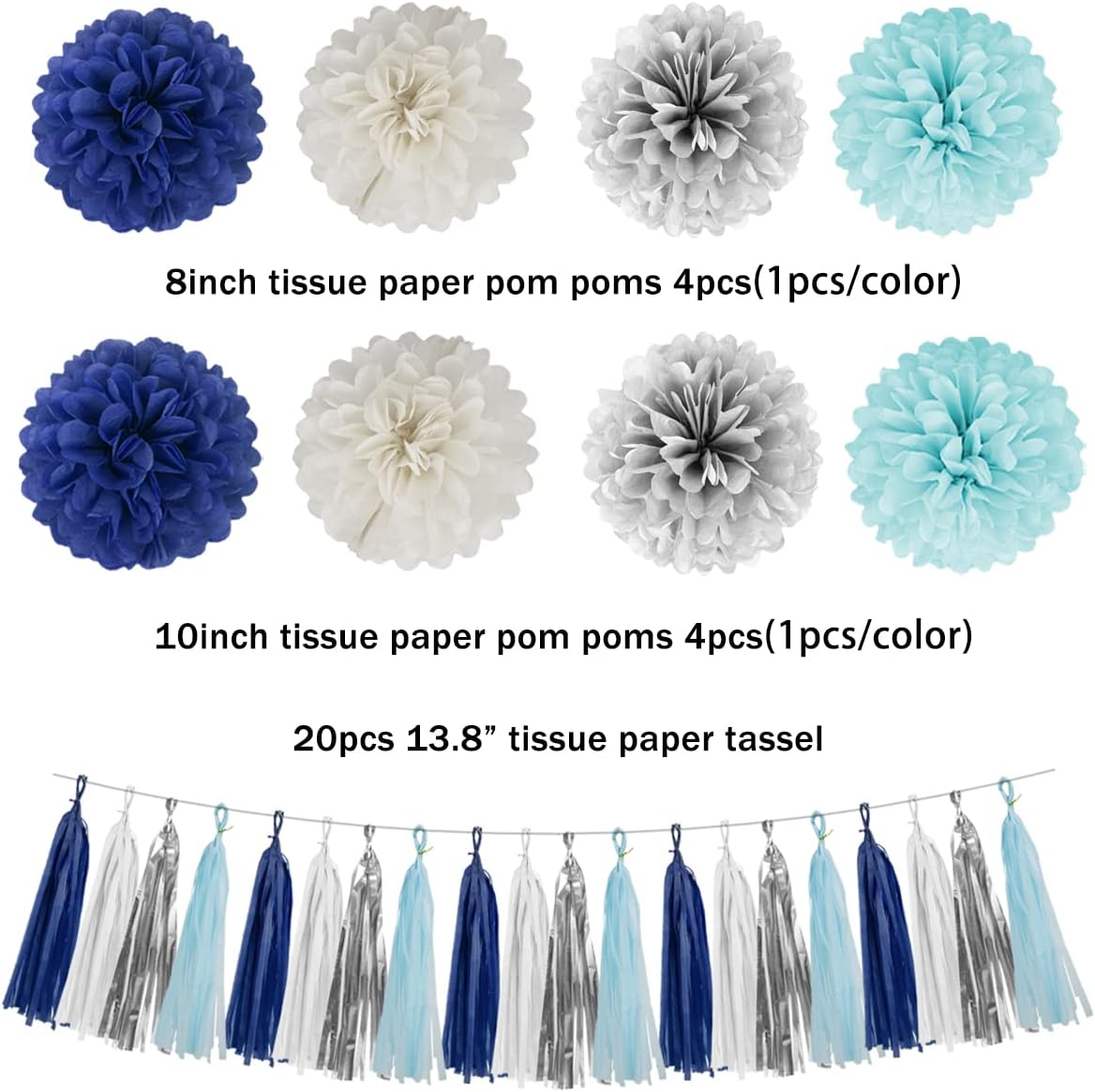 Teal Silver White Navy-Blue Party-Decorations - 30pcs Tissue Paper Flowers Pom Poms Tassel Garland