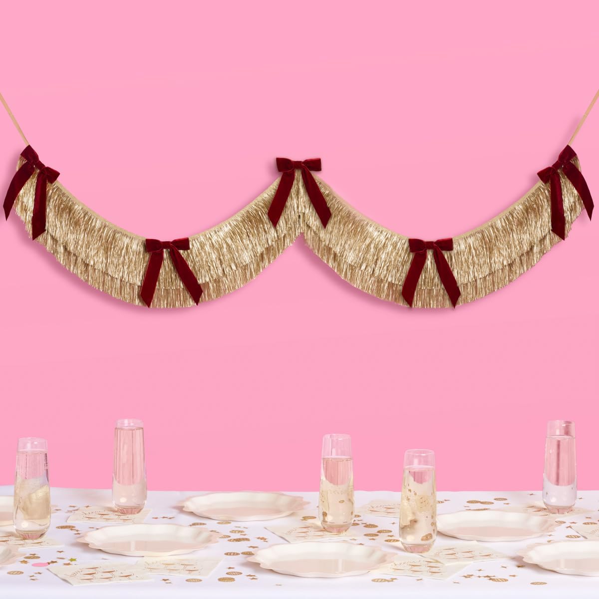 xo, Fetti Gold Fringe + Red Velvet Bow Banner 6 Ft. | Bachelorette Decoration, Christmas Party
