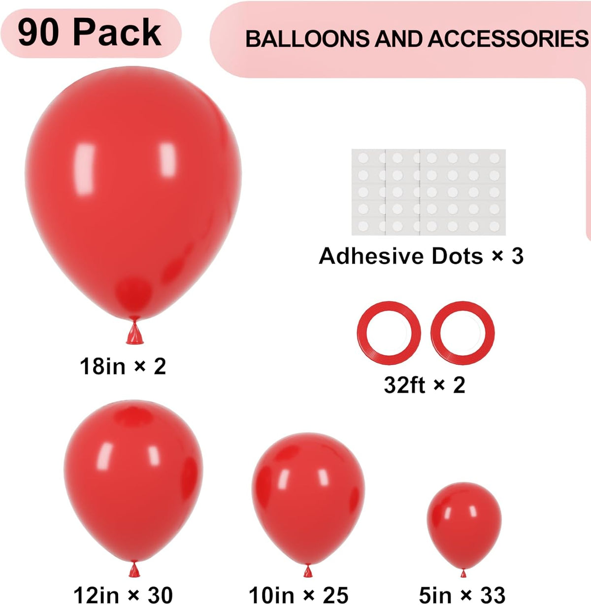90pack Red Balloons Different Size 18/12/10/5 Inch Red Balloon Garland Arch Kit for Valentine's