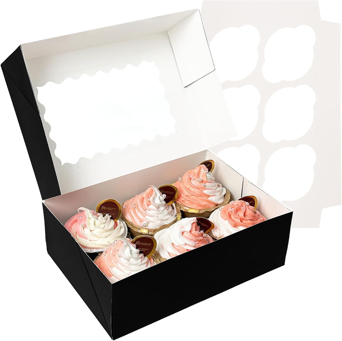 Bakepacker Auto-pop up 6 Cupcake Boxes with Window 20 Count Black Box 9.4 x 6.1 x 3 inch Cupcake