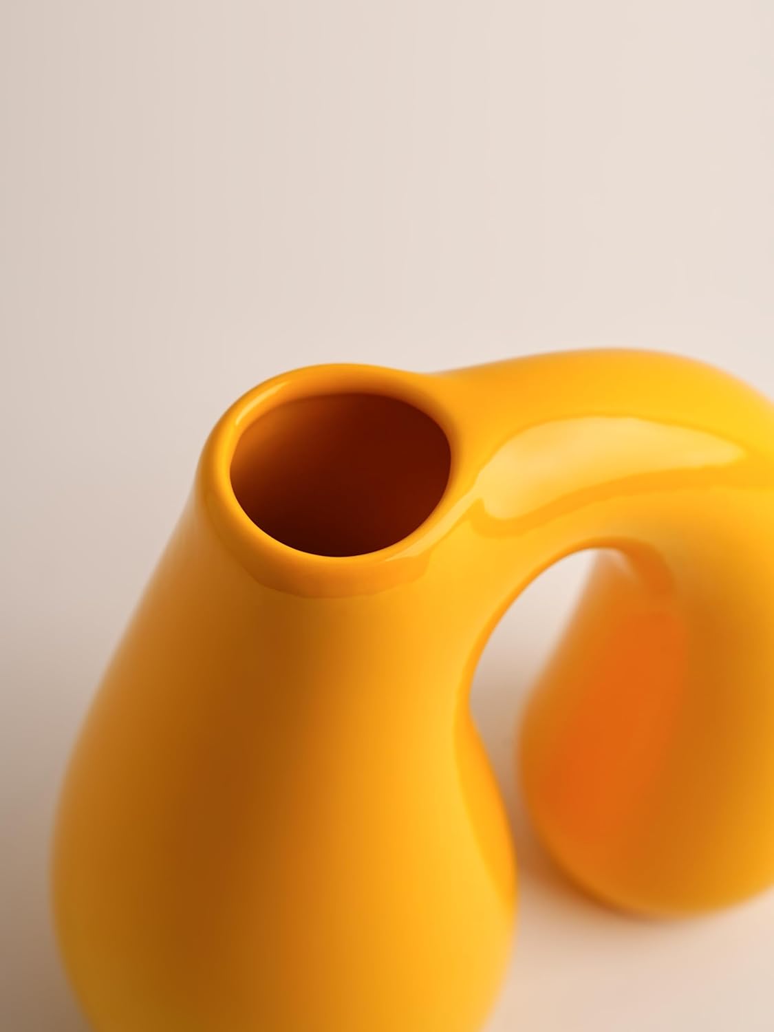 Yellow Ceramic Vase – Glossy Modern Sculptural Décor, Arch Handle Artistic Design, Bright Accent