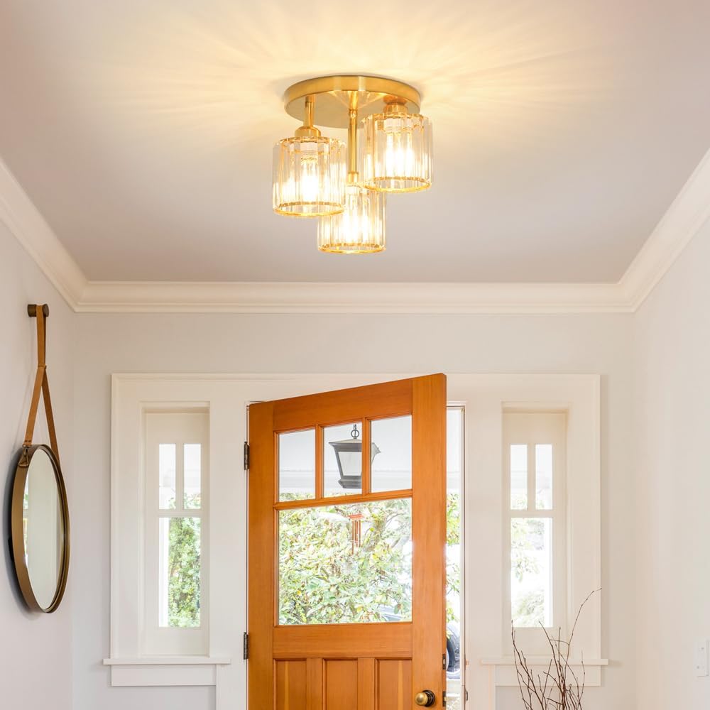 Modern Semi Flush Mount Ceiling Light, 3-Light Crystal Close to Ceiling Light Fixtures, Gold