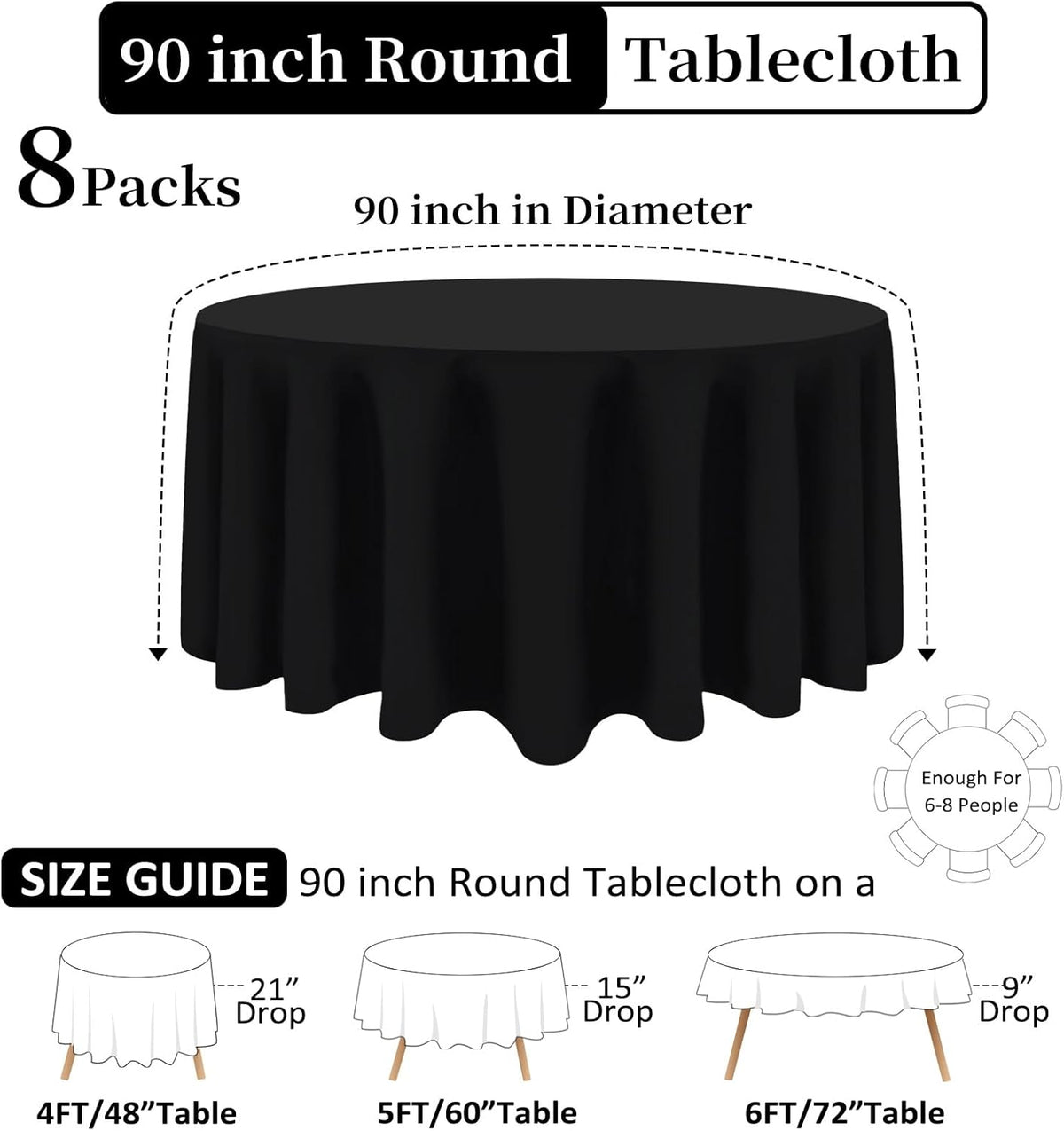8 Pack Black Round Tablecloths 90 Inch Black Table Cloth Stain and Wrinkle Resistant Reusable and