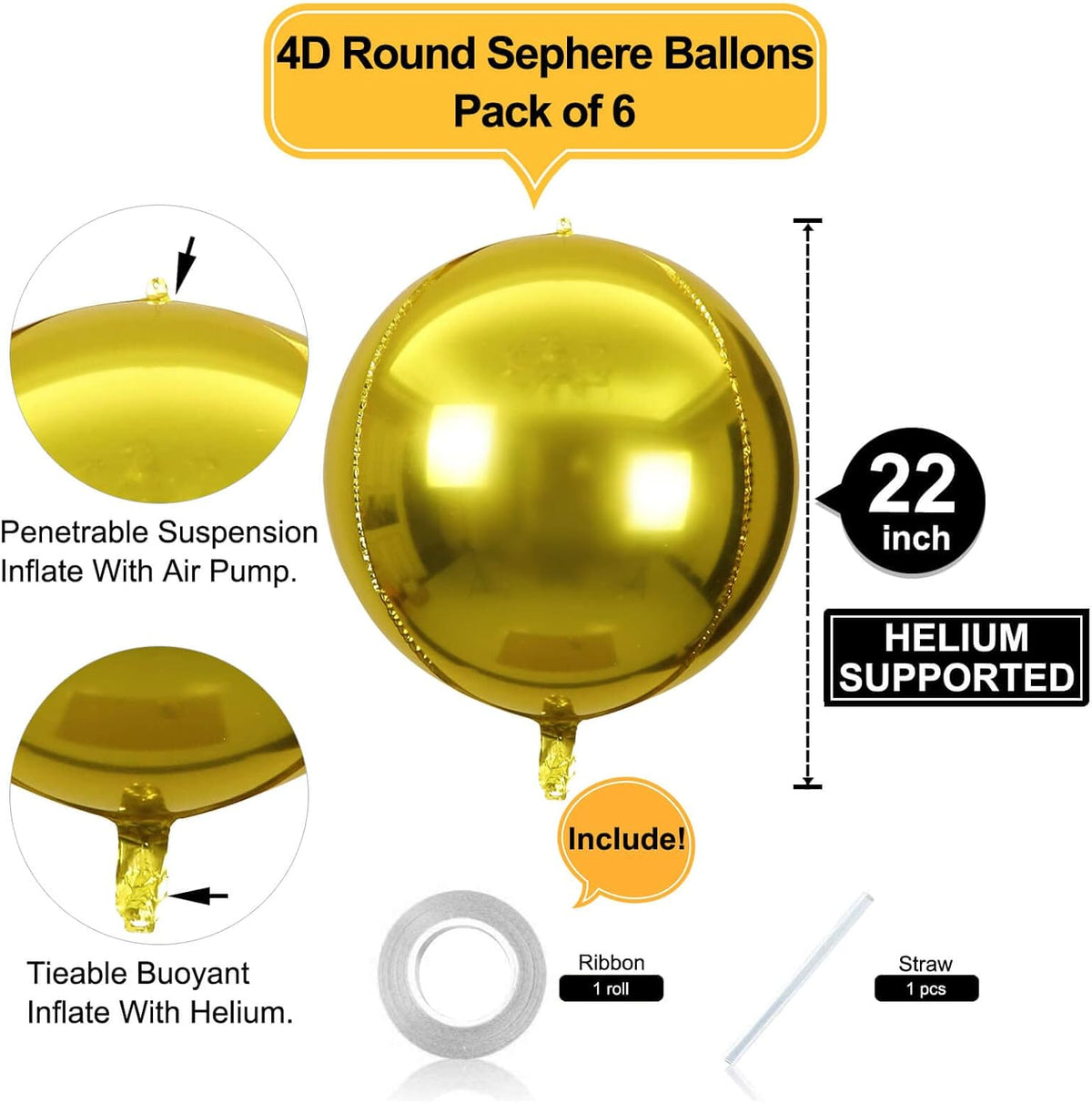 6 Pack Gold Balloons 22 Inch 4D Big Round Foil Balloons Gold Metallic Balloons for Wedding Birthday