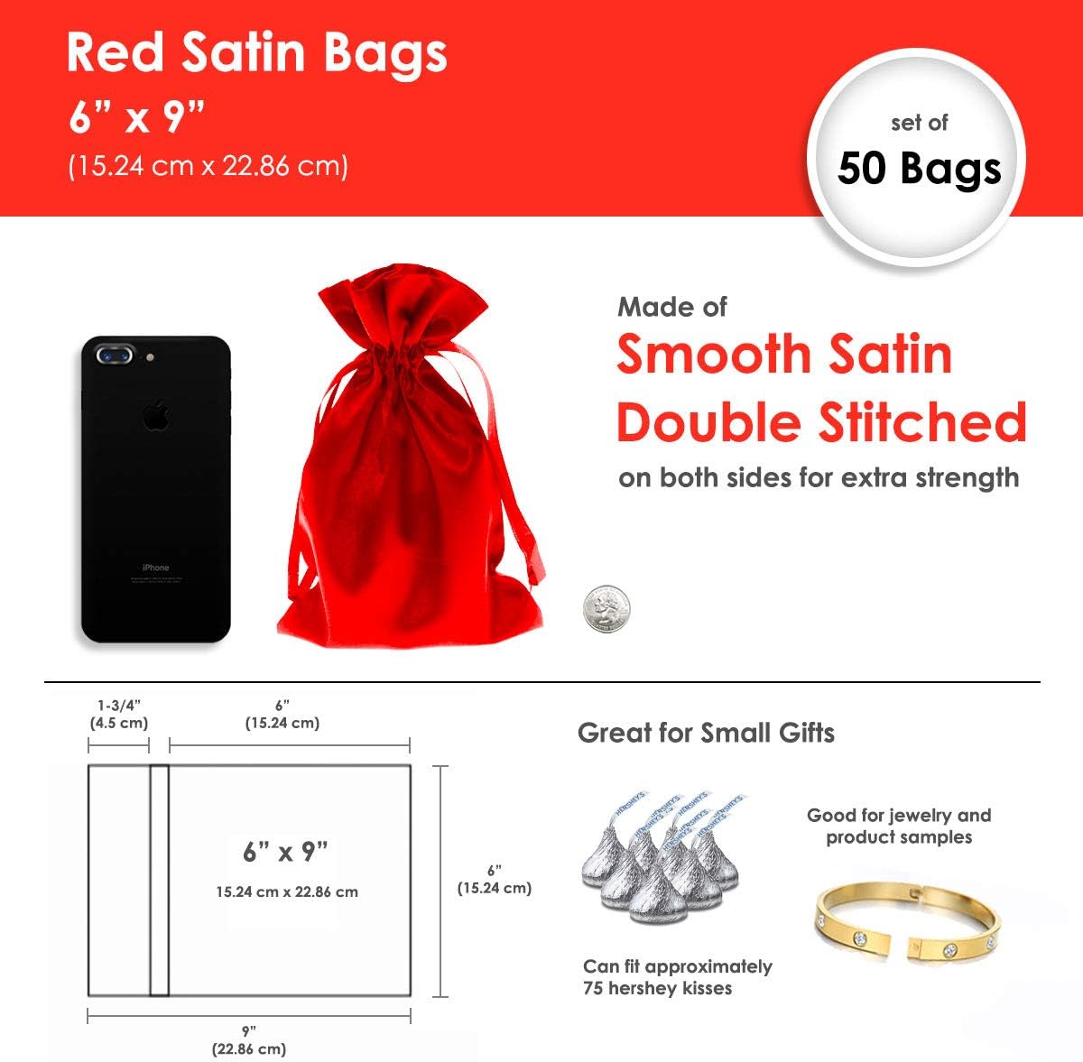 6" x 9" Red Satin Gift Bags, Jewelry Bags, Wedding Favor Drawstring Baby Shower Christmas 50 per