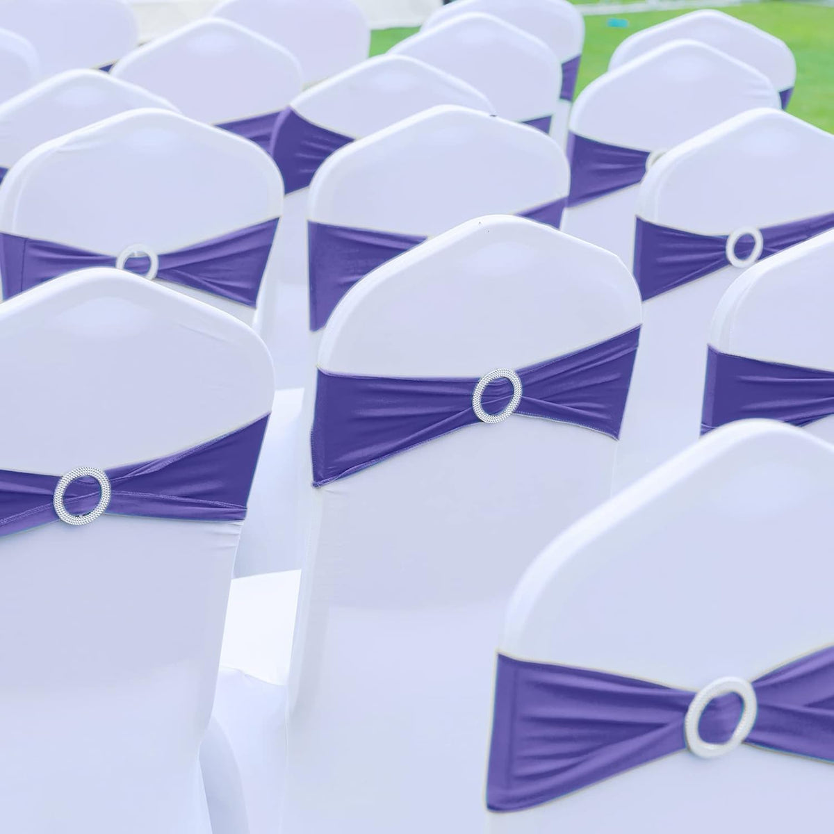 CHENGU 150 Pieces Spandex Stretch Chair Sashes Bows Elastic Chair Cover Bands Ties with Buckle