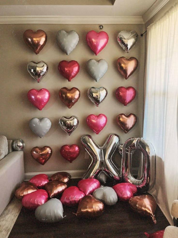 Rose Red Silver Heart Balloons, 18 Inch Light Pink and Silver Heart Shaped Balloon, 12PCS Hot Pink