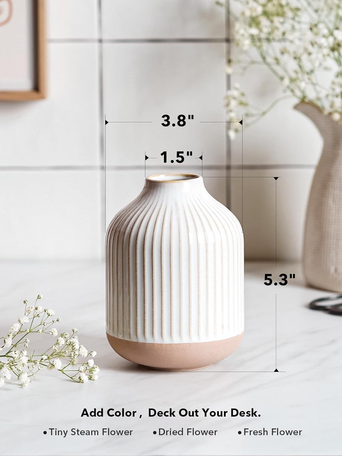 Boho Farmhouse Small Ceramic Vase for Pampas Grass & Flowers - 5.3 Inch Rustic White Vase