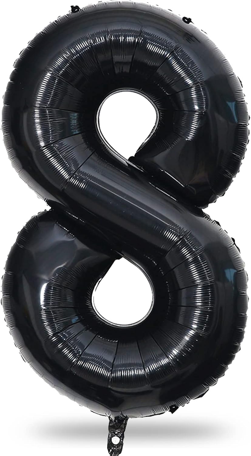 Black Number 8 Balloons, 40 Inch 8th Birthday Foil Balloon for Boys Girls, Giant Self Inflating
