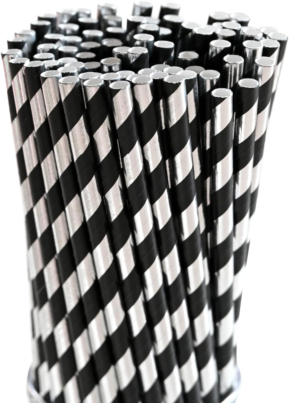 Disposable Paper Straws - Black Silver Striped Drinking Straws for Bar, Wedding, Brithday, Party