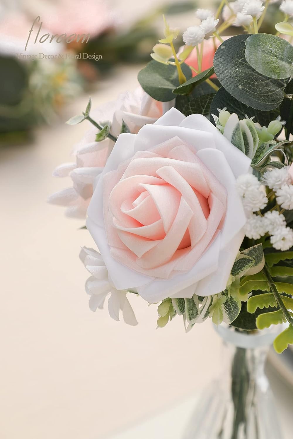 Floroom Artificial Flowers 25pcs Real Looking Blush Shades Foam Fake Roses with Stems for DIY