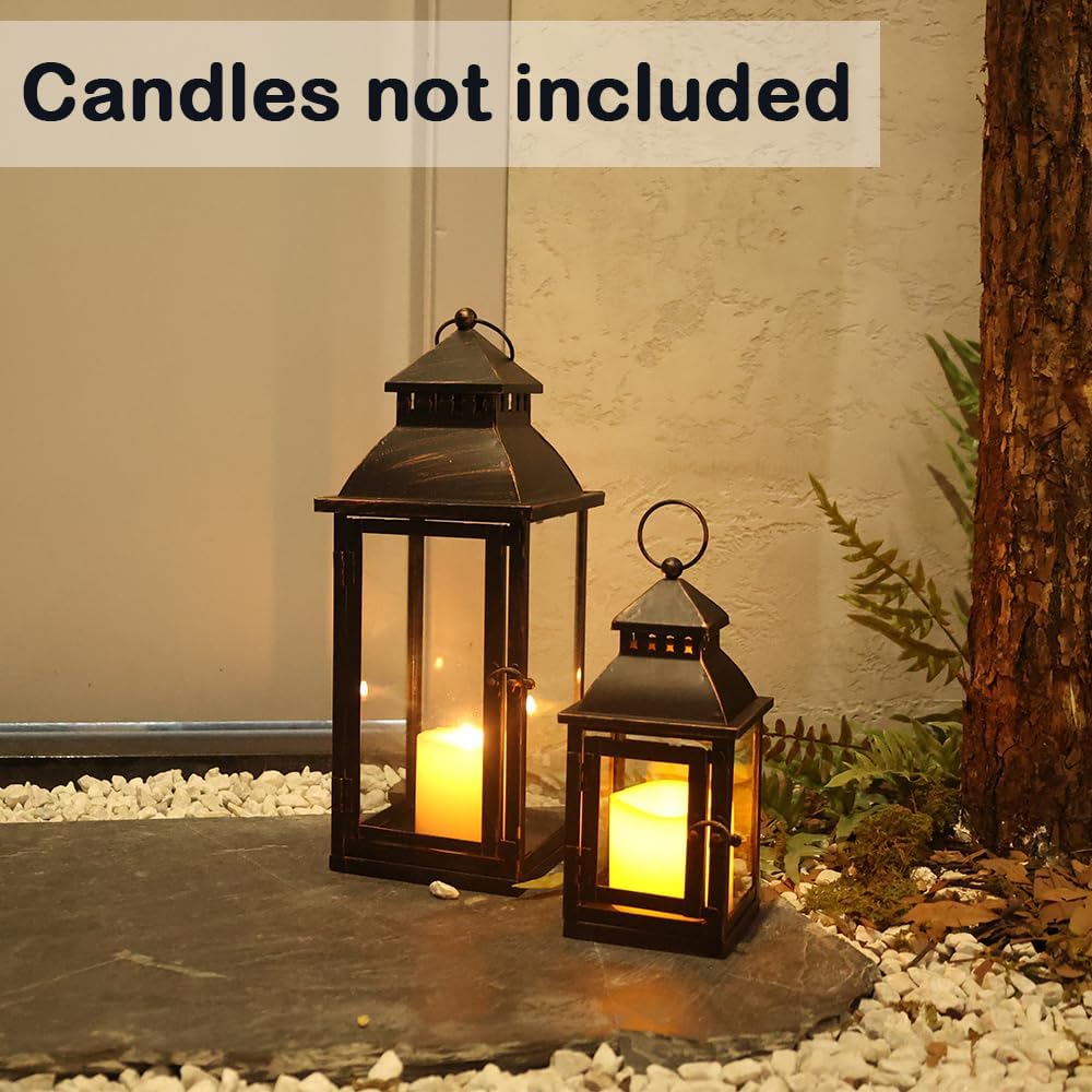 NEEDOMO Lanterns Decorative Outdoor&Indoor, Set of 2 Large Bronze Metal Lantern Decor with Glass