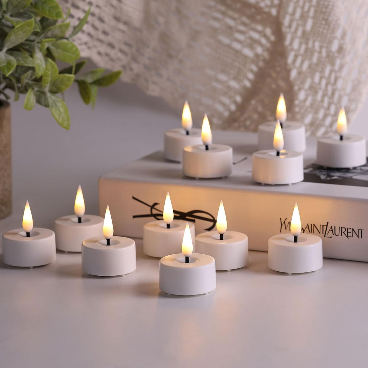 Eywamage White LED Tealights with Remote Batteries, Flickering Flameless Tea Lights Electric Votive