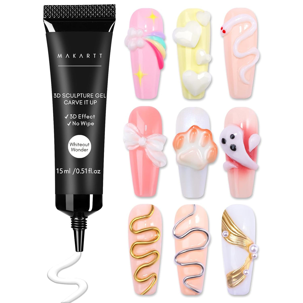 Makartt 3D Nail Gel for Nail Art: No Wipe 15g White Sculpting Molding Candy Craving Gel Polish