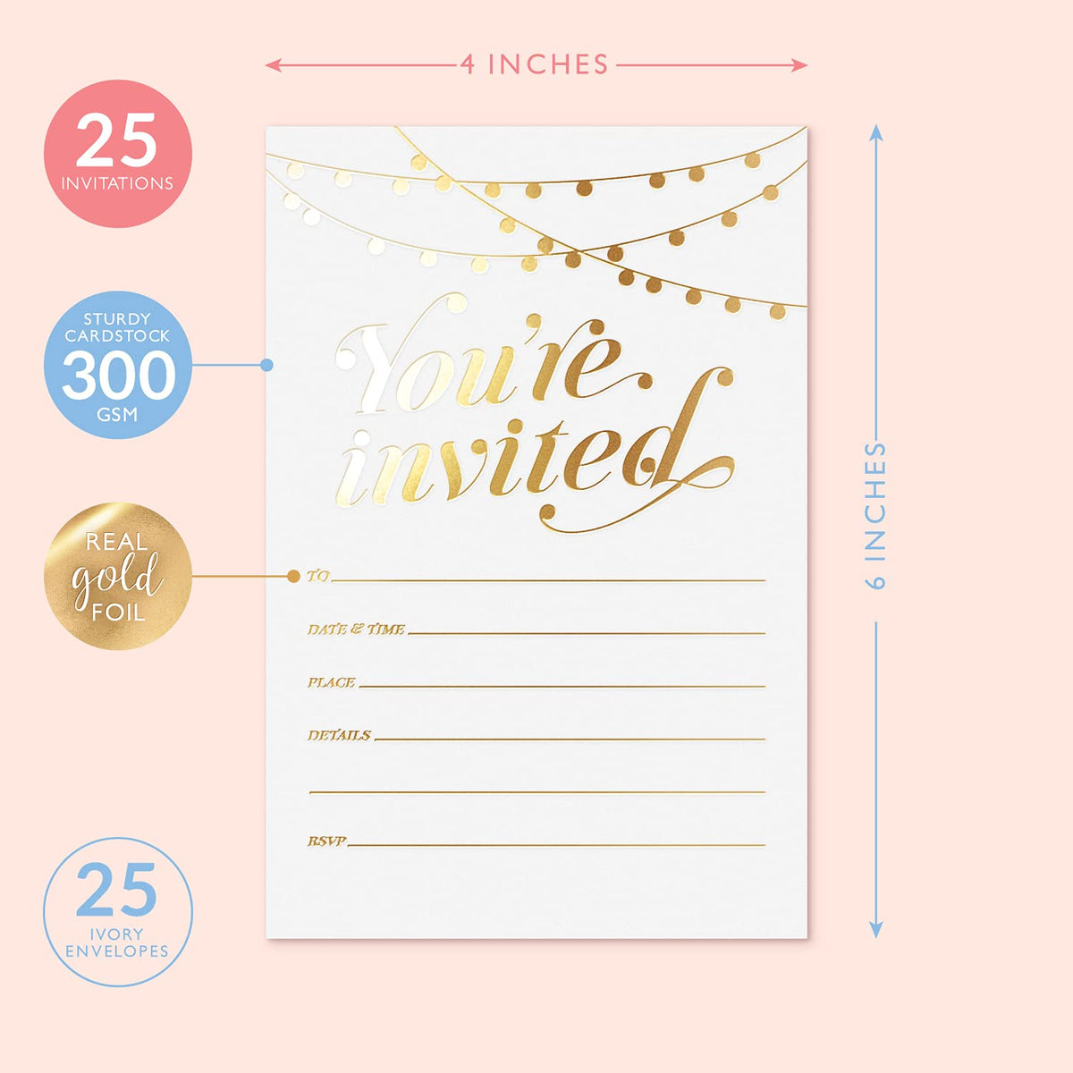 S&O Party Invitations! 25 Gold Foil Traditional Invitations with Envelopes, Wedding, Baby, & Bridal