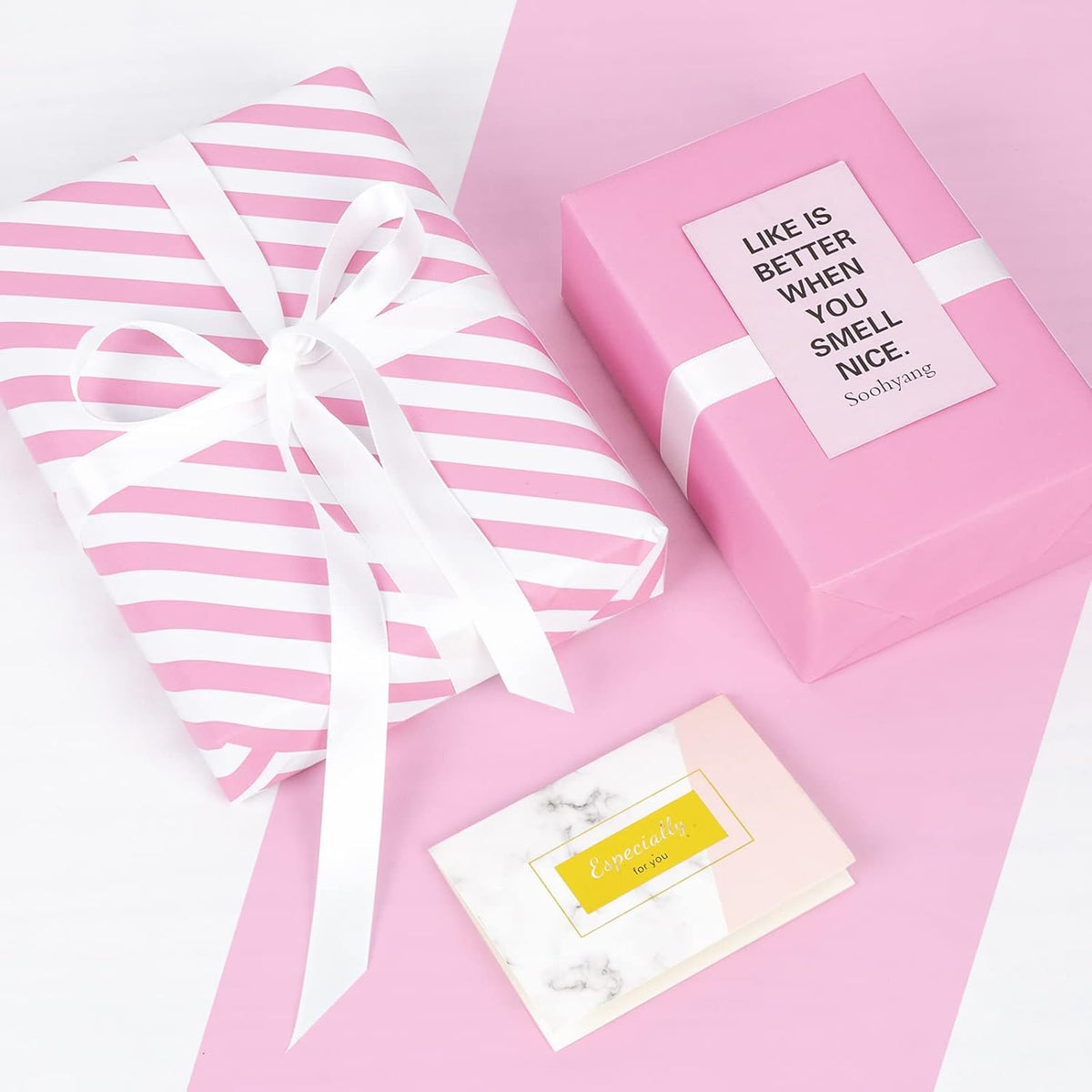 WRAPAHOLIC Reversible Wrapping Paper - Mini Roll - 17 Inch x 33 Feet - Pink and Stripes Design for