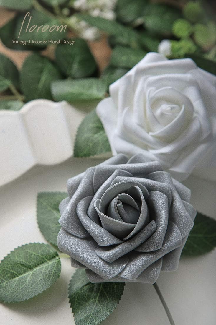 Floroom Artificial Flowers 50pcs Real Looking Shimmer Silver Grey Foam Fake Roses with Stems for