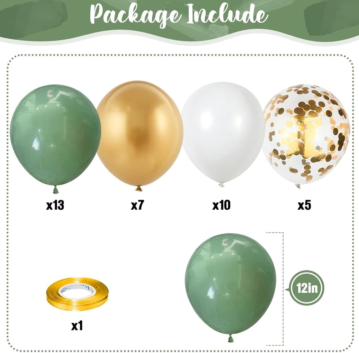 Sage Green and Gold Balloons, 12 Inch Olive Green White Metallic Gold Confetti Latex Balloons Set