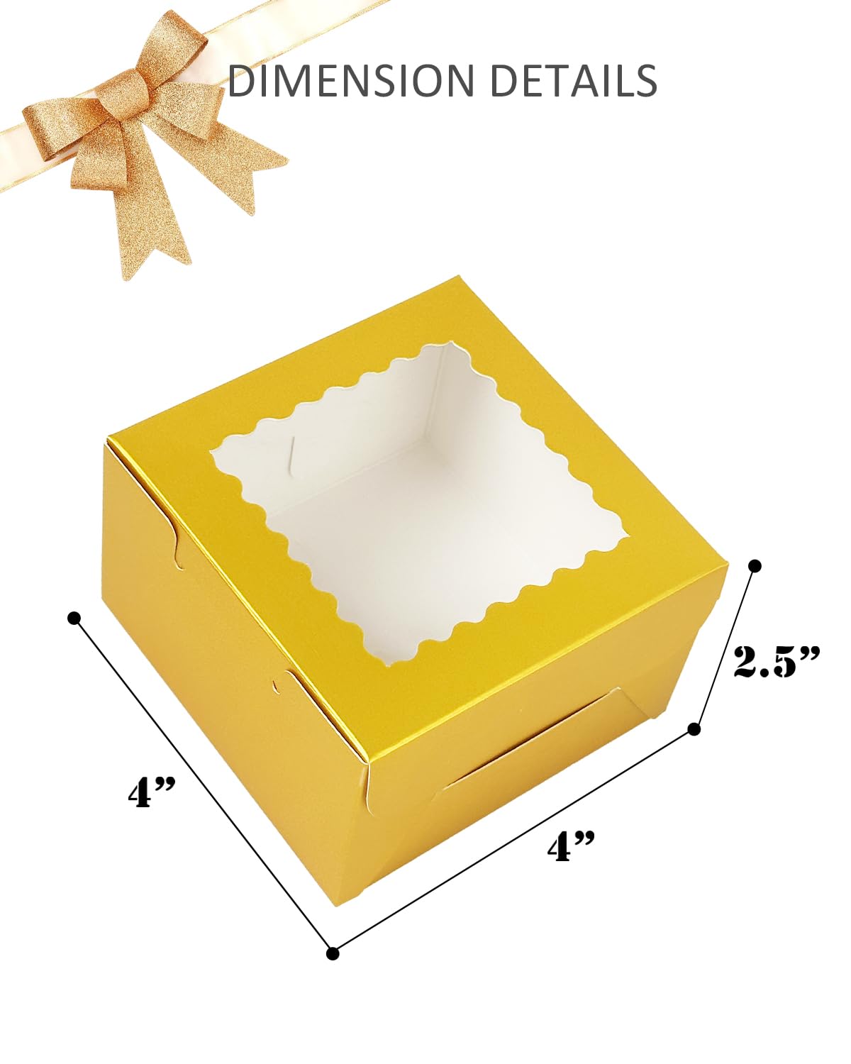 Bakepacker 60pcs Gold Bakery Boxes with Window 4x4x2.5 inches Thick & Sturdy Macaroon Pastry &