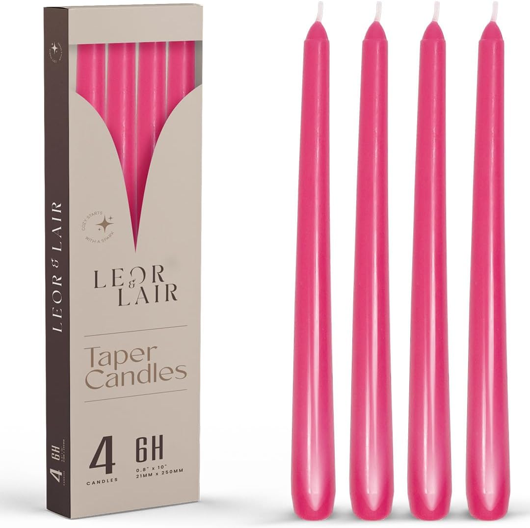 Leor & Lair Pink Taper Candles - 4 Pack 10" Hot Pink Candles - Unscented Long Burning Candlesticks