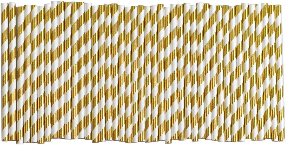 Gold White Stripe Paper Straws - 5.75 Inch Short Paper Drinking Straws, for Birthday, Wedding