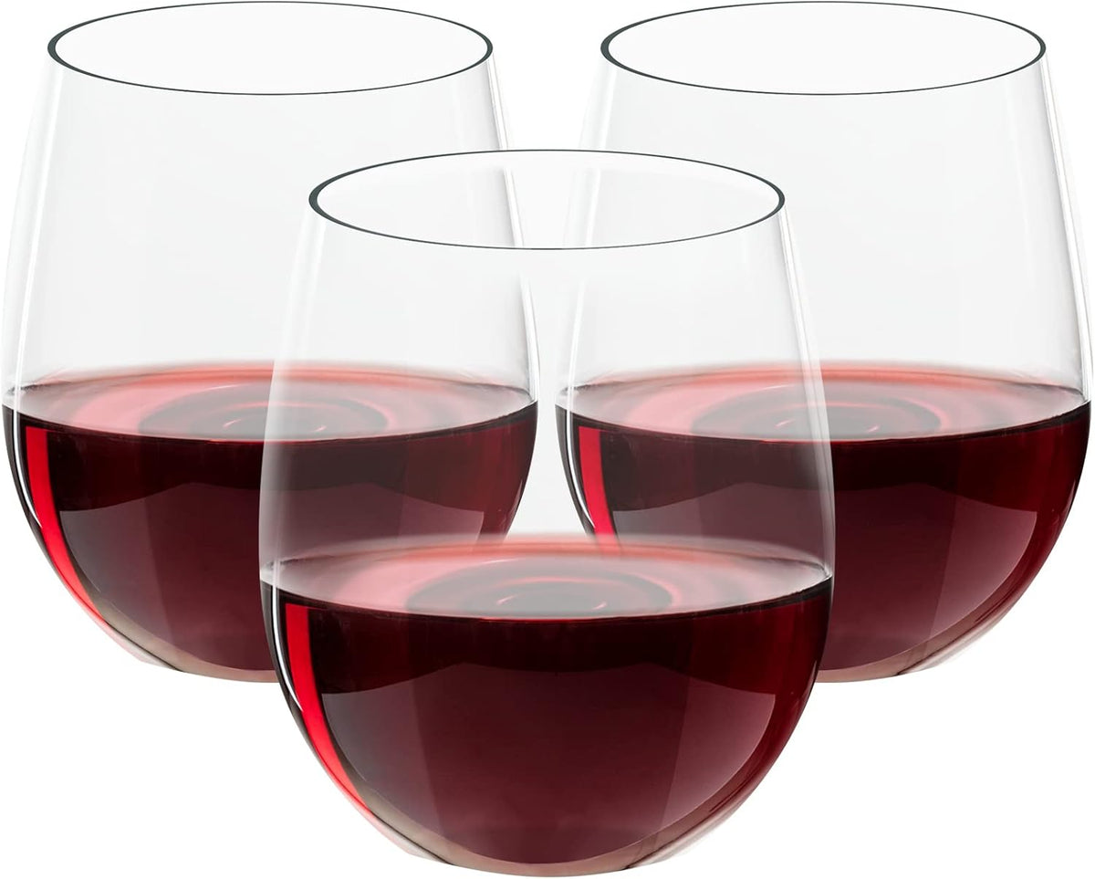 FOCUSLINE 32 Pack Plastic Wine Glasses Stemless, 12 Oz Crystal Clear Disposable Wine Cups, Reusable