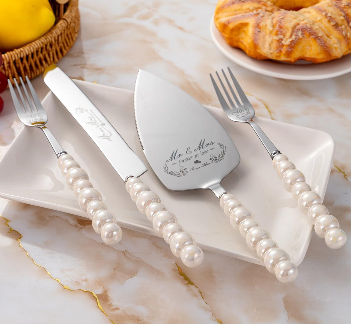 Wedding Cake Knife and Server Set, Ceramic Pearl Handle Cake Cutting Set for Wedding Gifts Bridal