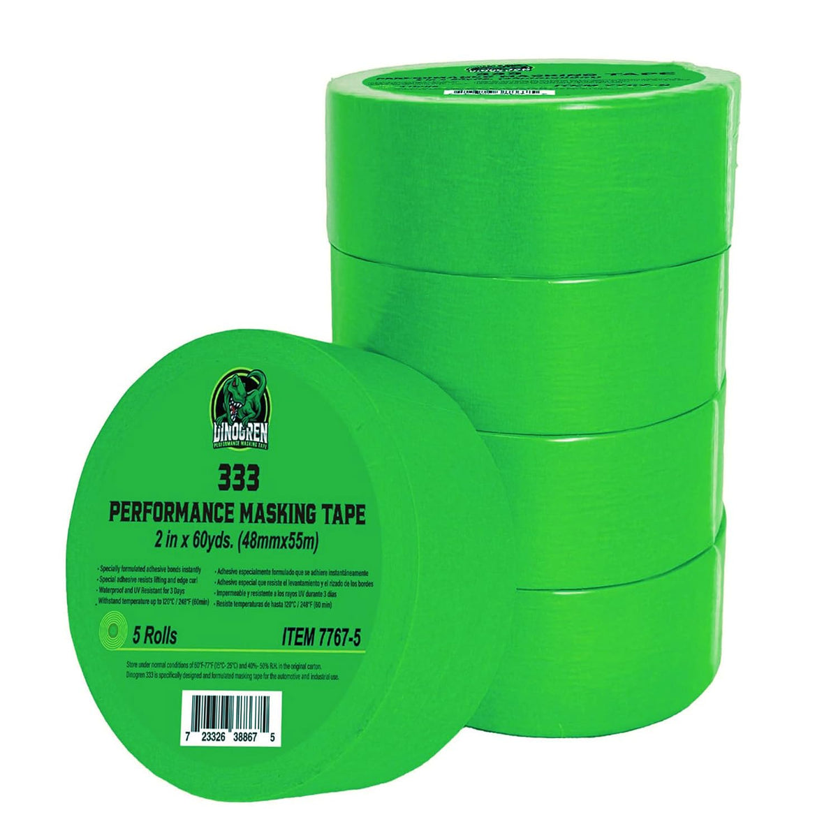 LAUCO DINOGREN High Performance Automotive Masking Tape – 2 Inch x 60 Yards (5 Rolls) – Green Tape