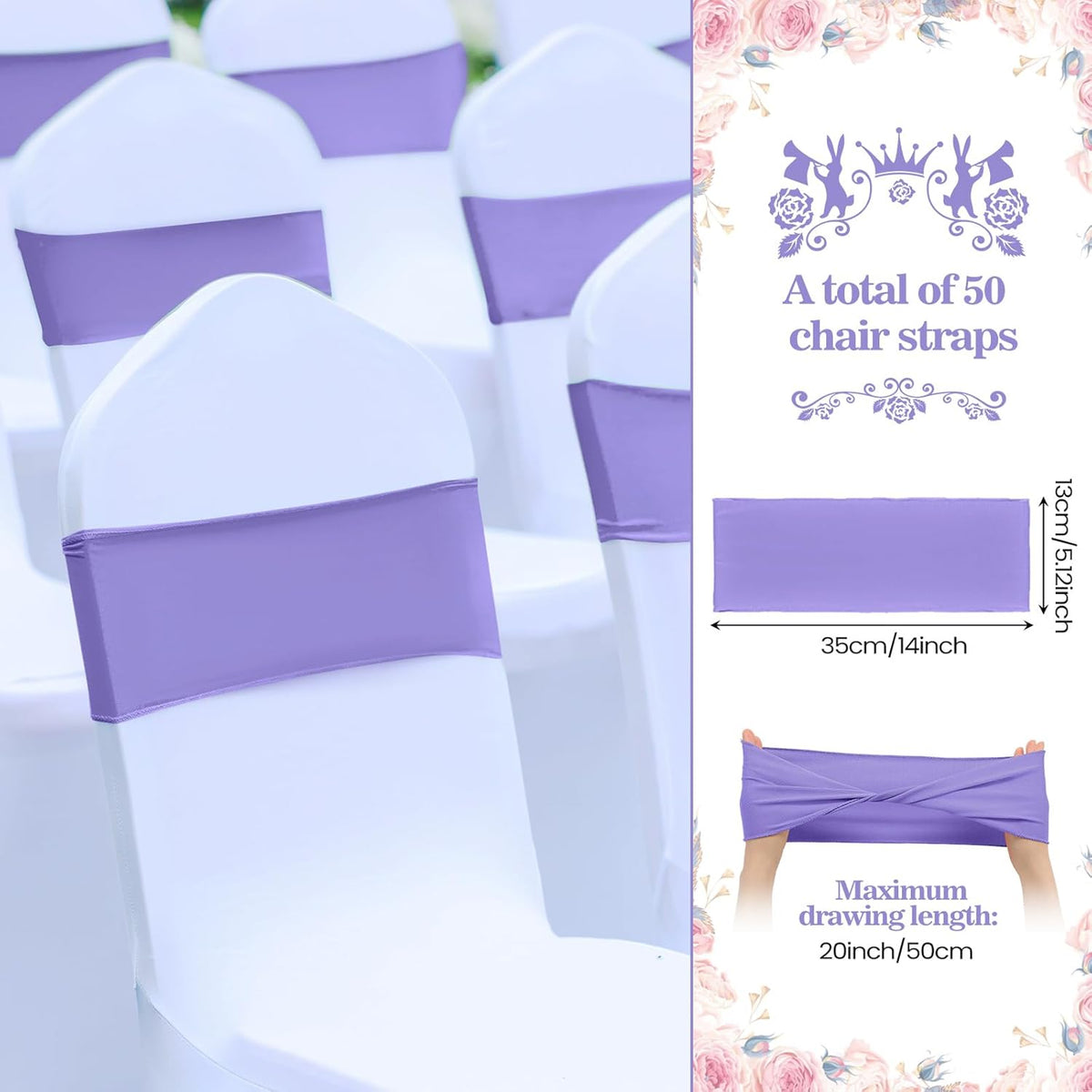 Kinlop 50 Pcs Spandex Chair Sashes Bows Chair Bands Slider Sashes for Covers Elastic Bands Ties