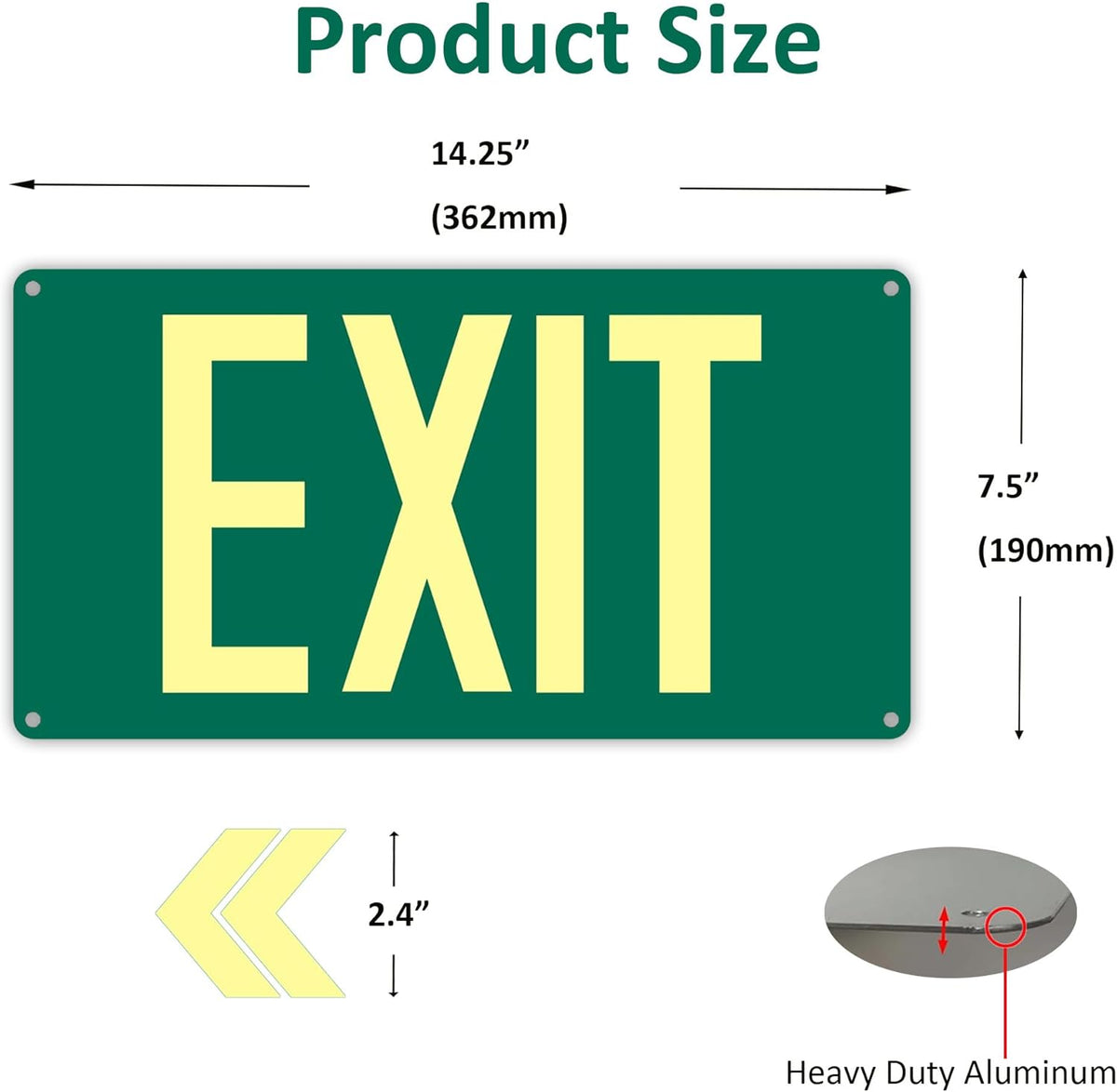 (2Pack) Photoluminescent Exit Sign, Glow In The Dark Aluminum Exit Sign Green - Adhesive Backing