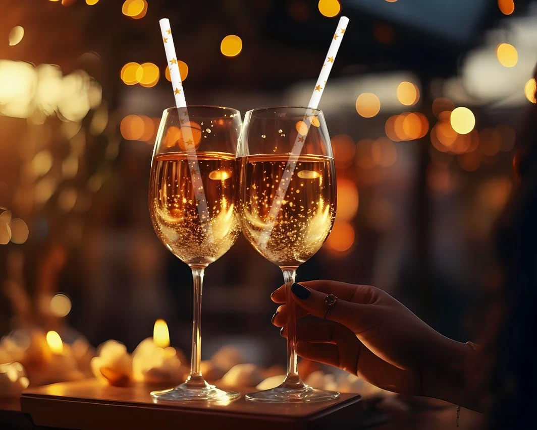 Paper Straws Disposable, Cocktail Metallic Gold Star Straws Drinking Biodegradable Straws for
