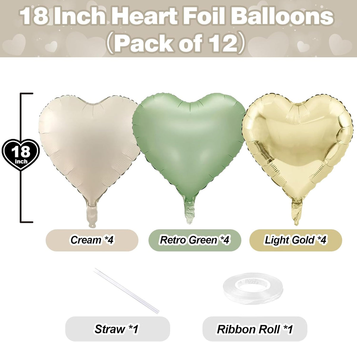 Sage Green Gold Heart Balloons, 12PCS Green Gold Heart Shaped Foil Balloons, 18Inch Green Cream