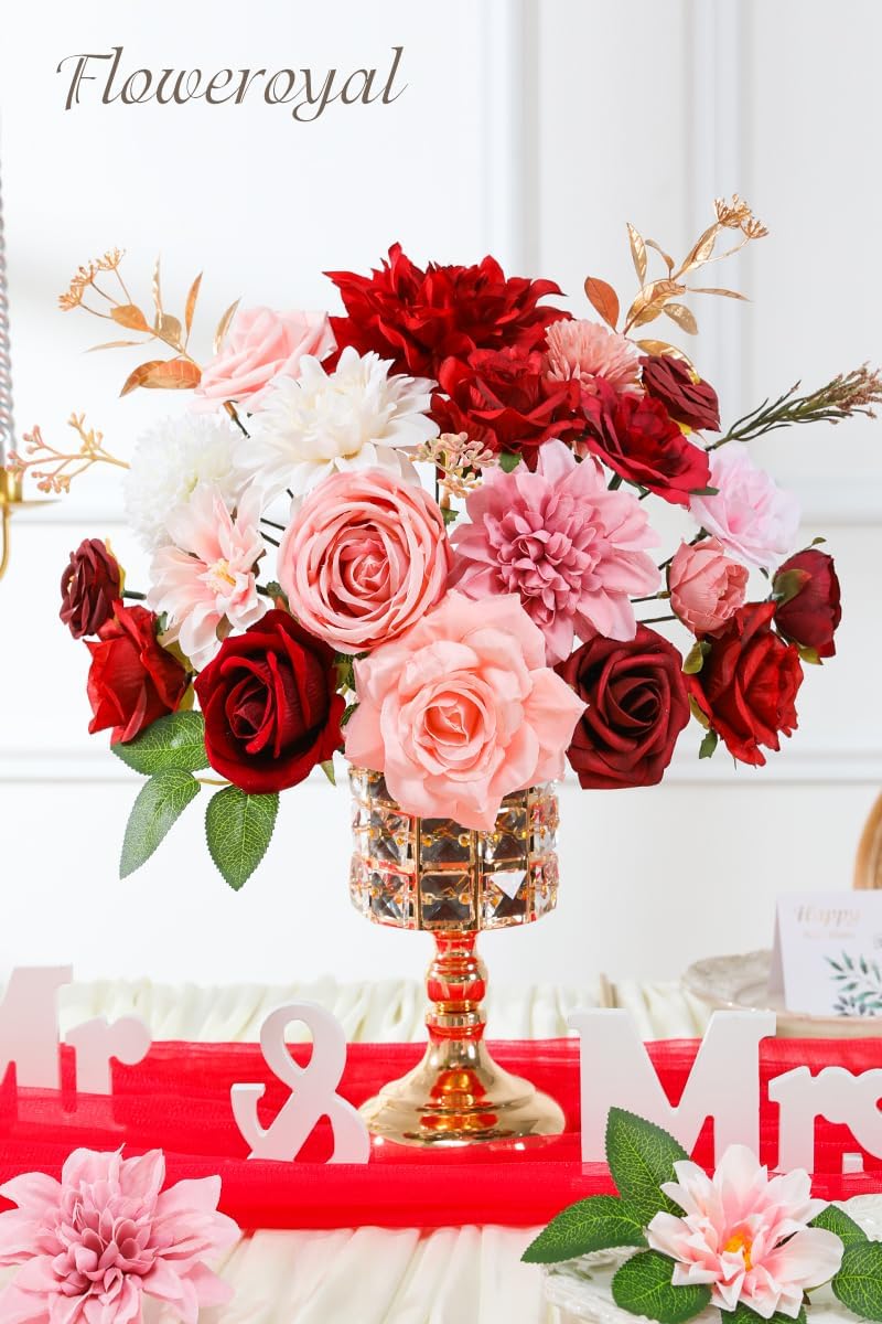 Floweroyal Artificial Flowers Combo Red Flowers Mix Silk Flowers Dahlia Roses with Stems for DIY