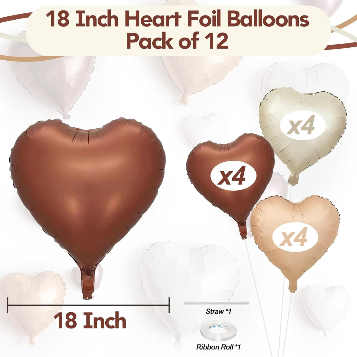 Cream Brown Heart Balloons, 12Pcs Brown Apricot Foil Balloons, Beige Coffee Foil Heart Shape Mylar