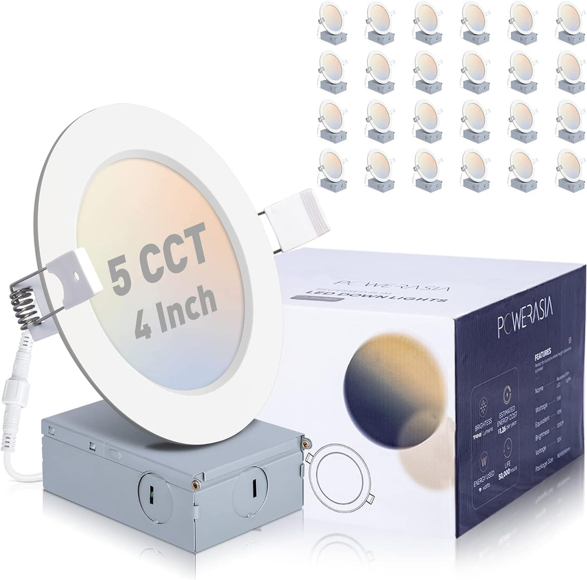 24 Pack Recessed Lighting 4 Inch with Junction Box, 5CCT 4 Inch LED Recessed Lights Dimmable