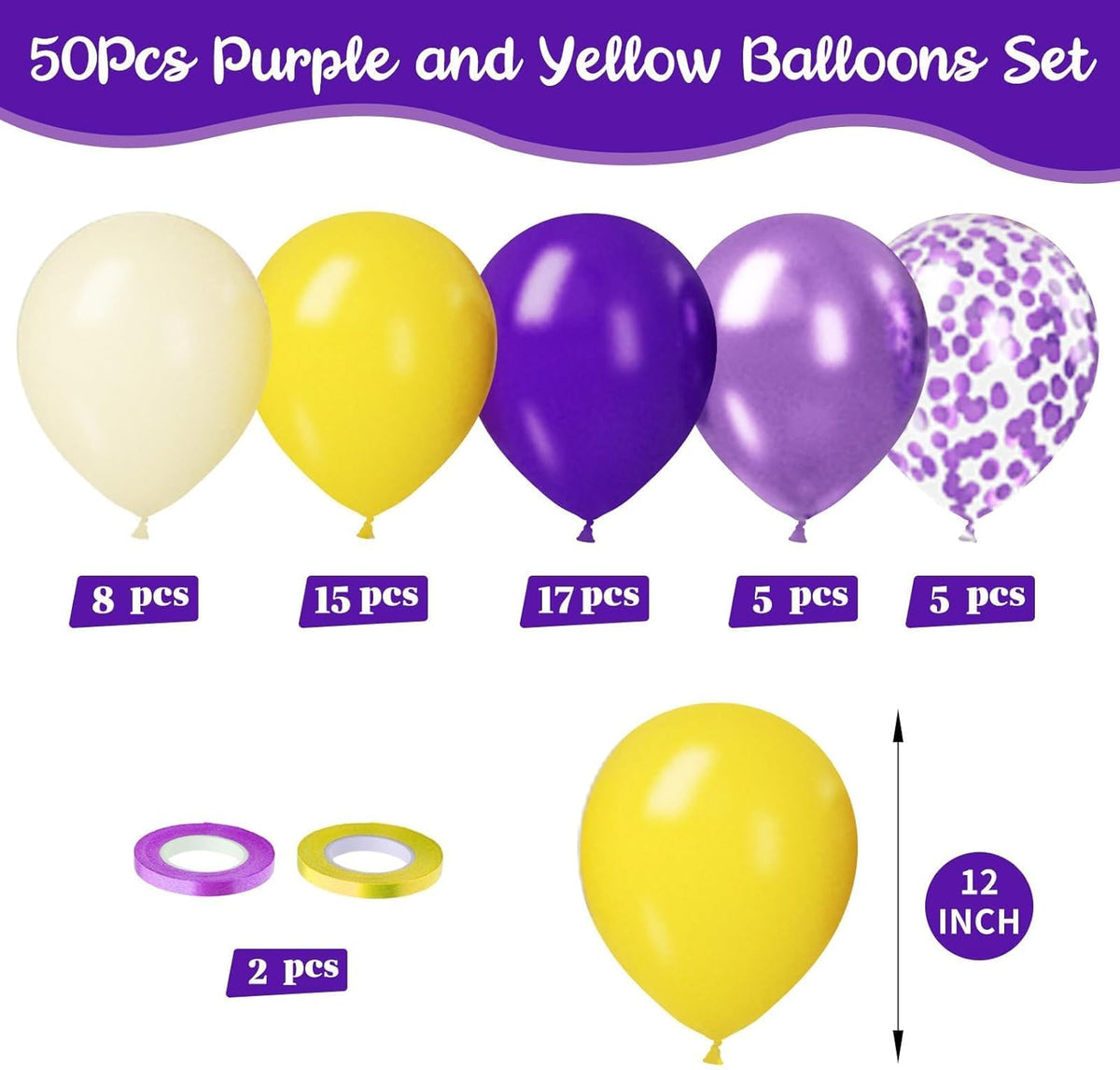 Paready Purple & Yellow Balloons Set - 50pcs, 12 Inch Light Yellow & Dark Purple Metallic Confetti