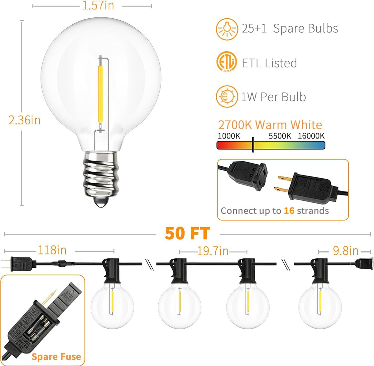 Svater Outdoor String Lights 50 FT, Patio LED Lights Outside with 26pcs Bulbs, Waterproof