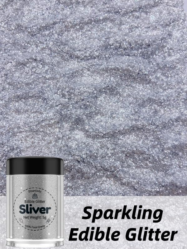 Shanlinly Silver Edible Glitter for Cakes Drinks - Food Grade 5g Shimmer Luster Glitter Dust Edible