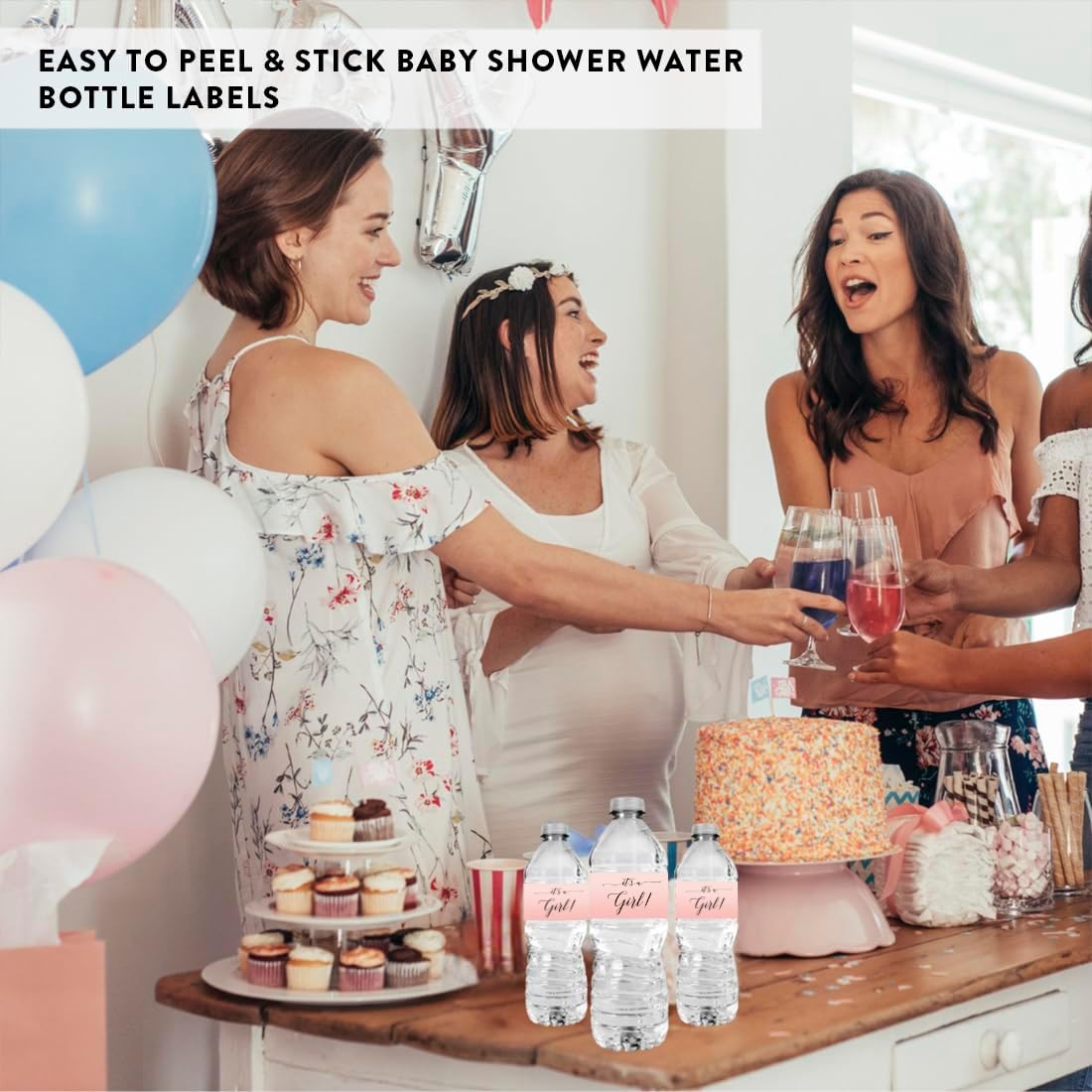 Andaz Press Blush Pink Rose Elegant Party Baby Shower Collection, Waterproof Water Bottle Labels