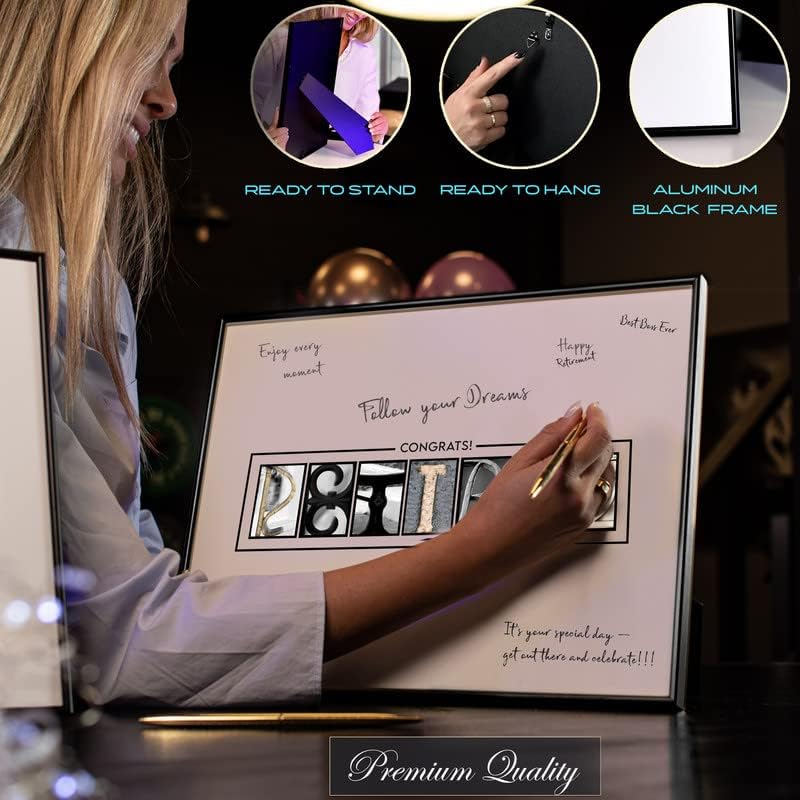 Framed Retirement Decorations Guest Book for Men 12"x16" Black Frame, Party Decor - including Gold