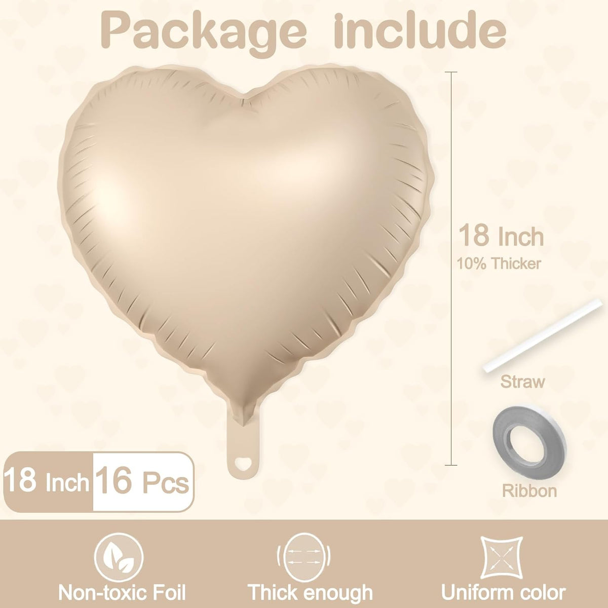 16 Pcs Heart Balloons, 18 Inch Beige Love Heart Shaped Foil Balloons for Wedding Anniversary
