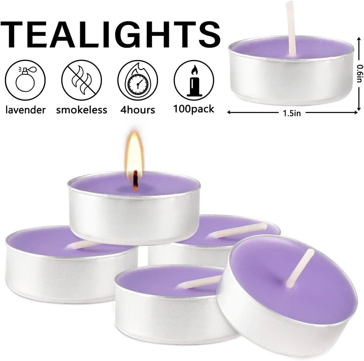 Purple Lavender Scented Tealight Candles - 4 Hours - Giant 100 Bulk Packs - Smokeless Tea Lights