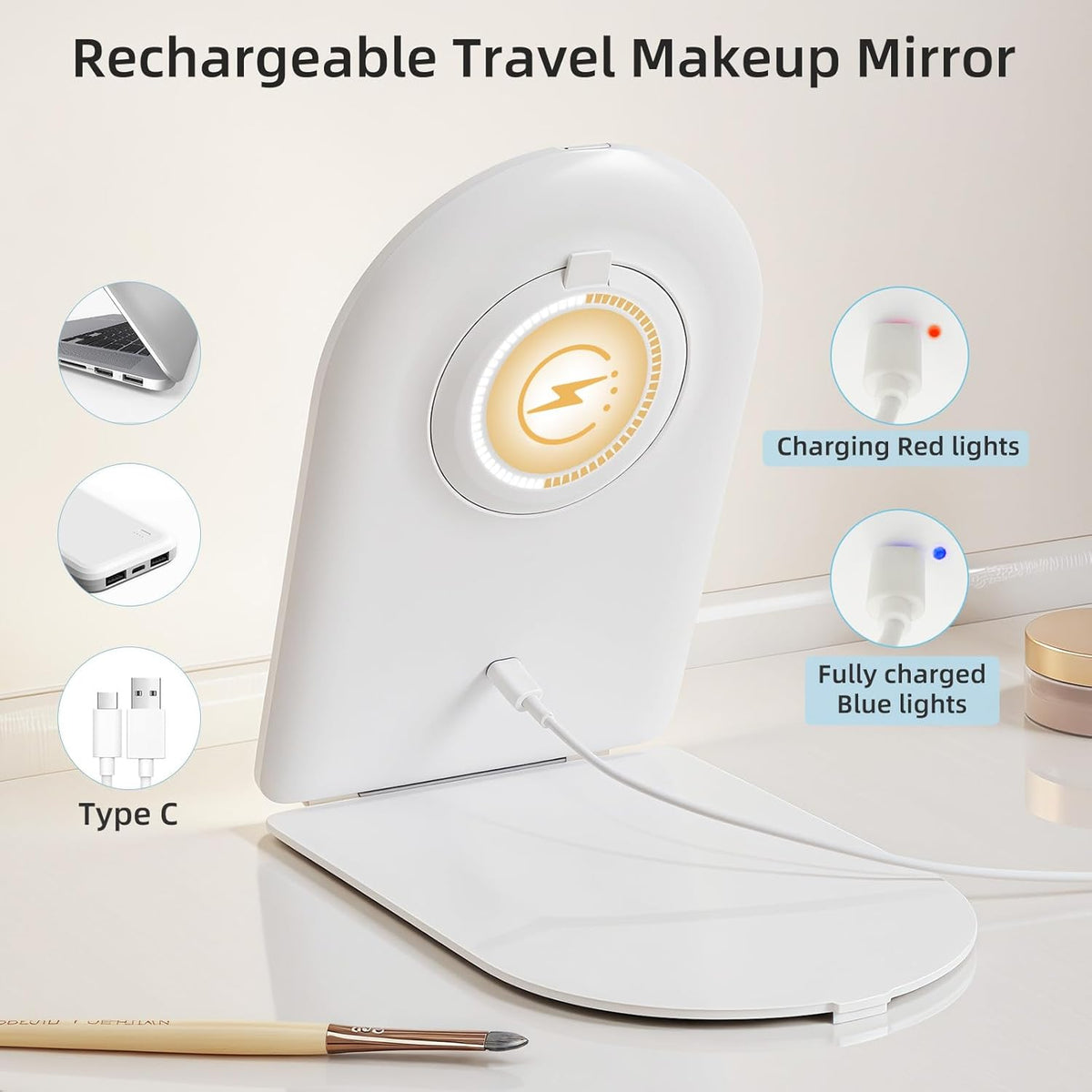 FUNTOUCH Rechargeable Travel Makeup Mirror with Lights,Portable Lighted Compact Mirror with Small